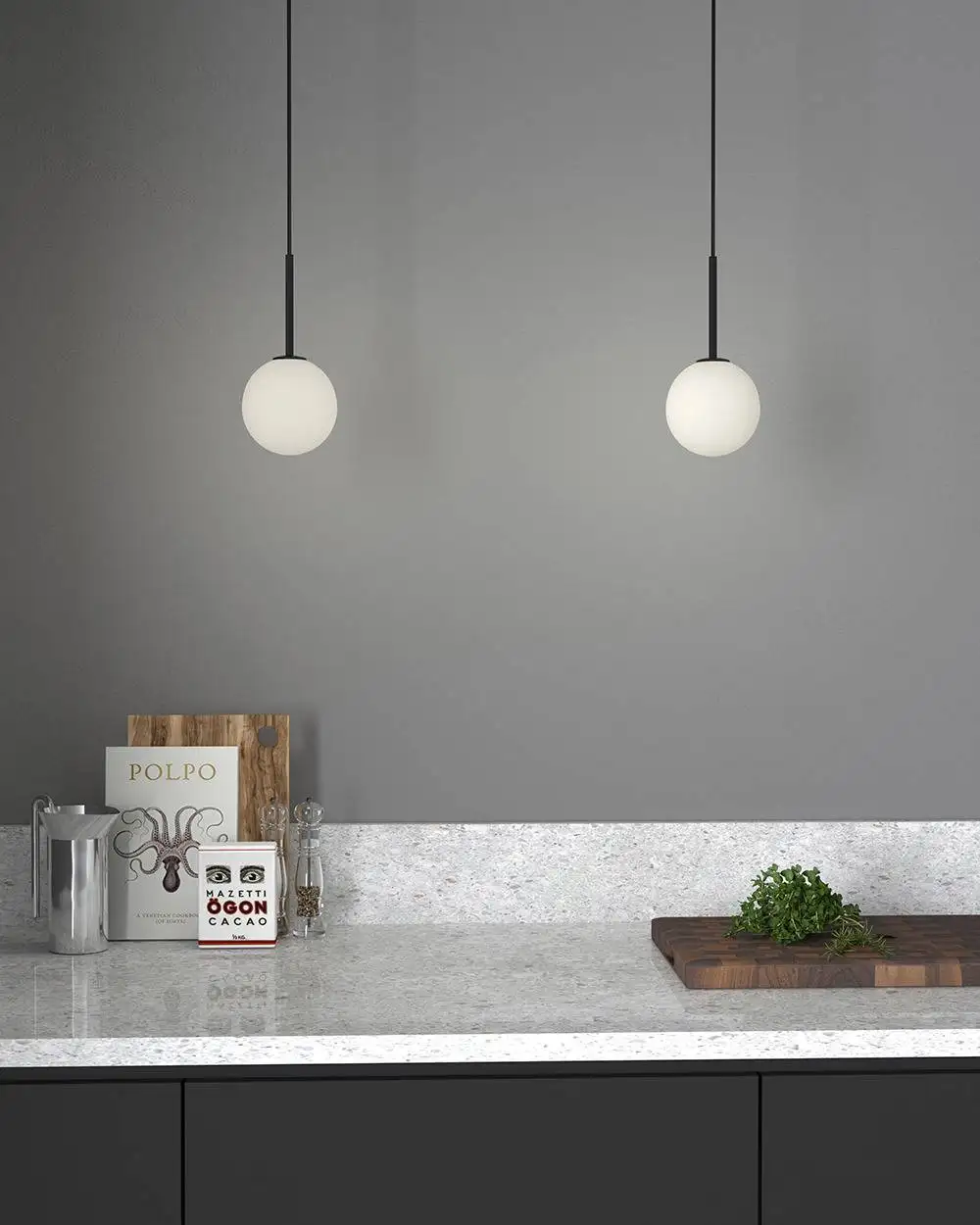 Suspension Ballon base en métal avec abat-jour en verre opal au design contemporain par Herstal Suspension Ballon base en métal avec abat-jour en verre opal au design contemporain par Herstal