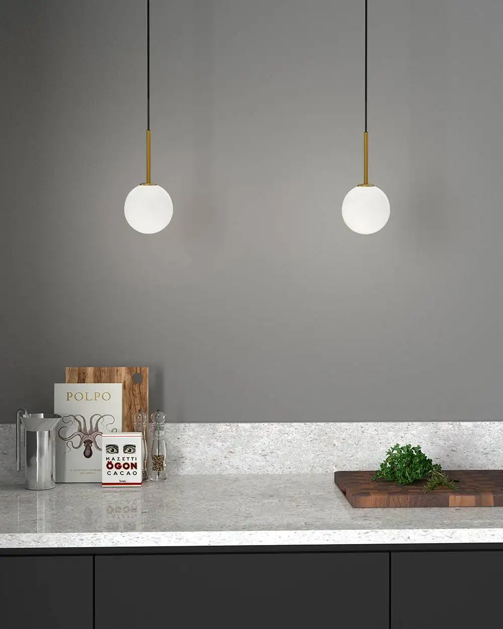 Suspension Ballon base en métal avec abat-jour en verre opal au design contemporain par Herstal Suspension Ballon base en métal avec abat-jour en verre opal au design contemporain par Herstal